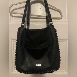 Jessica Simpson black leather hobo bag with black pearl stitching